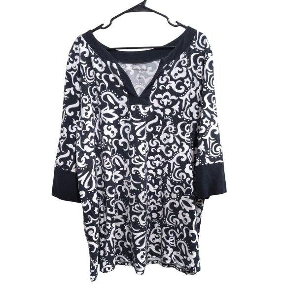 Woman Within Tops - Woman Within 1X Black White Scroll Print Top 3/4 Sleeve V-Neck Notch